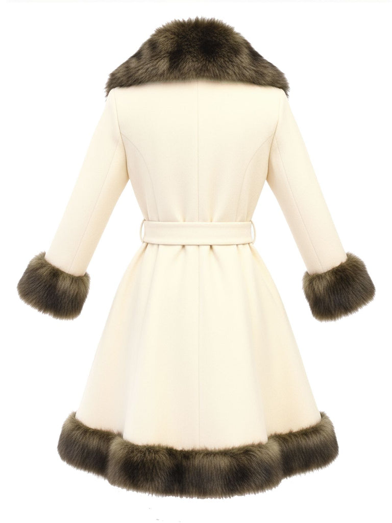 Manteau patchwork à col en fourrure crème années 1950