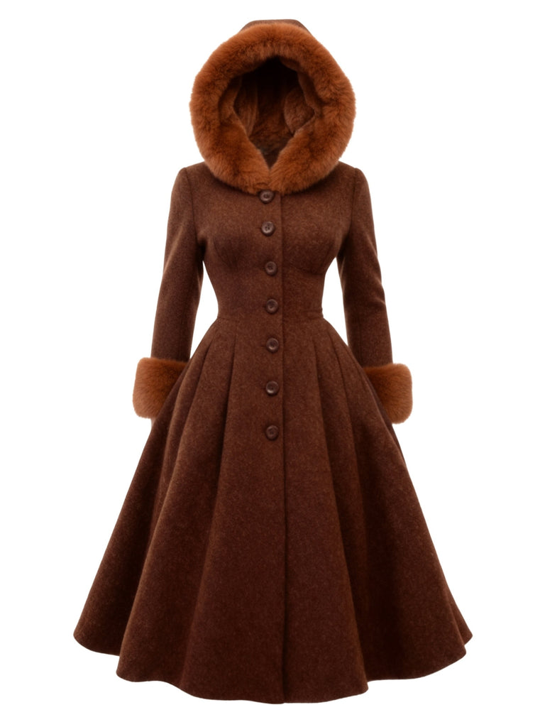 [Prévente] Manteau marron à capuche boutonné en fausse laine années 1950