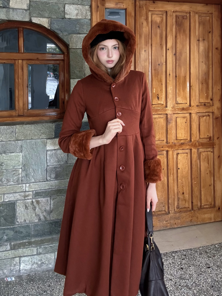 [Prévente] Manteau marron à capuche boutonné en fausse laine années 1950