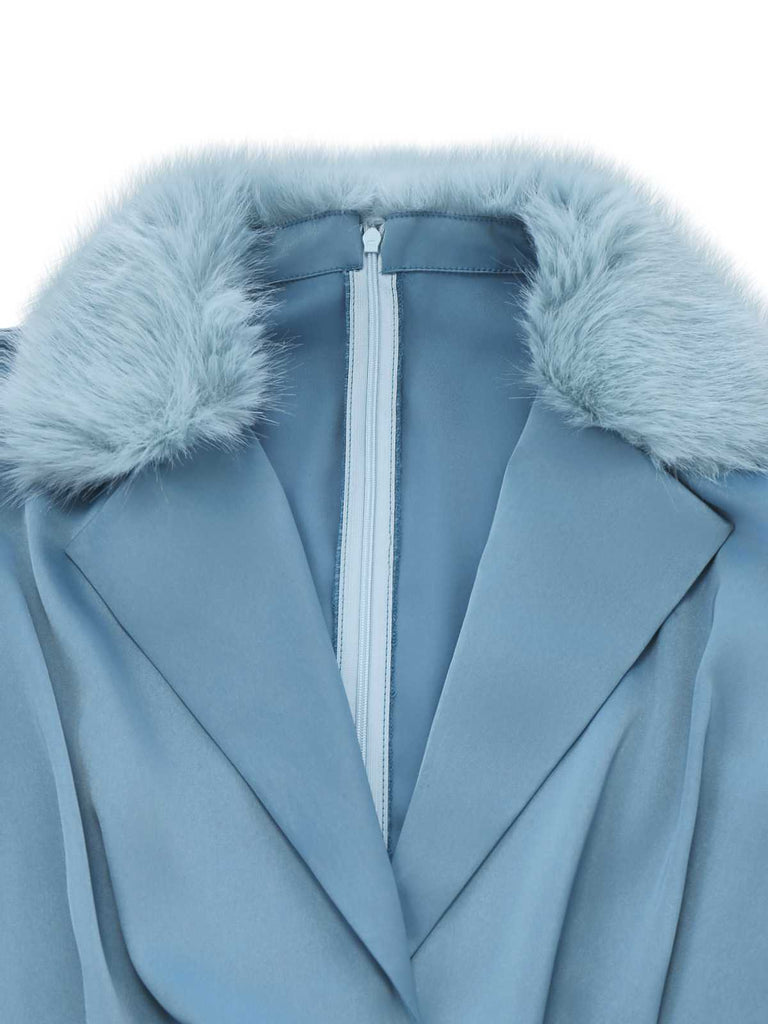 [Prévente] Combinaison bleue à revers bordés de fourrure et ceinture à sequins des années 1970