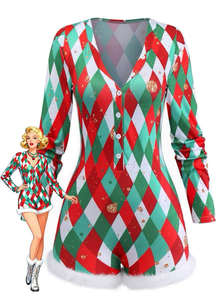 Combishort de Noël à carreaux losanges avec ourlet brut années 1970