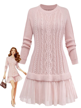 Robe pull plissée en maille torsadée rose unie des années 1940
