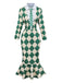 Robe sirène verte à losanges des années 1970 avec cravate