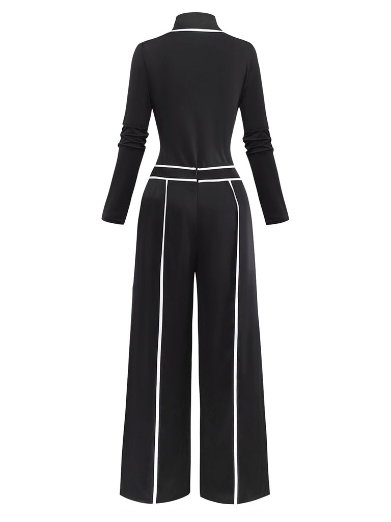 2PCS Haut tricoté noir col montant et pantalon à jambes larges des années 1930