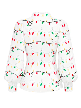 Chemisier blanche guirlandes lumineuses de Noël col noué années 1950