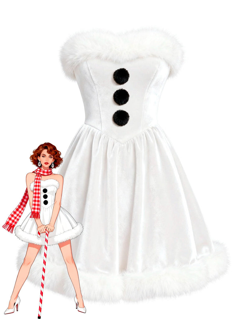 Robe bustier blanche en velours et peluche style bonhomme de neige nnées 1960