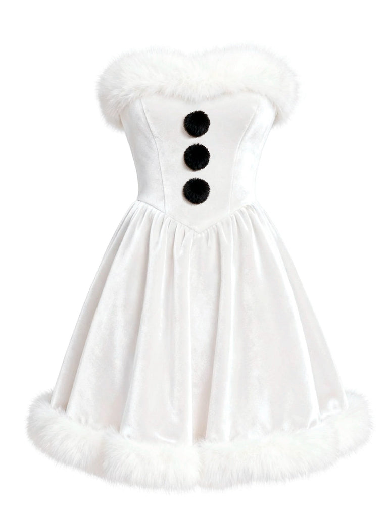 Robe bustier blanche en velours et peluche style bonhomme de neige nnées 1960