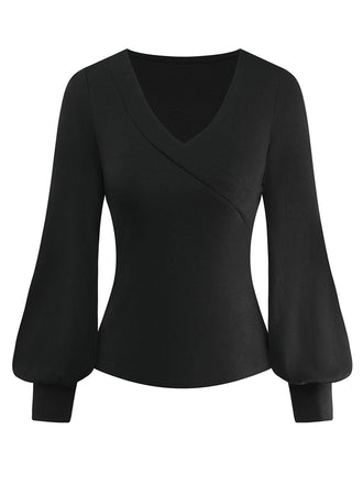 [Prévente] Haut tricoté noir col en V et manches lanternes style années 1950