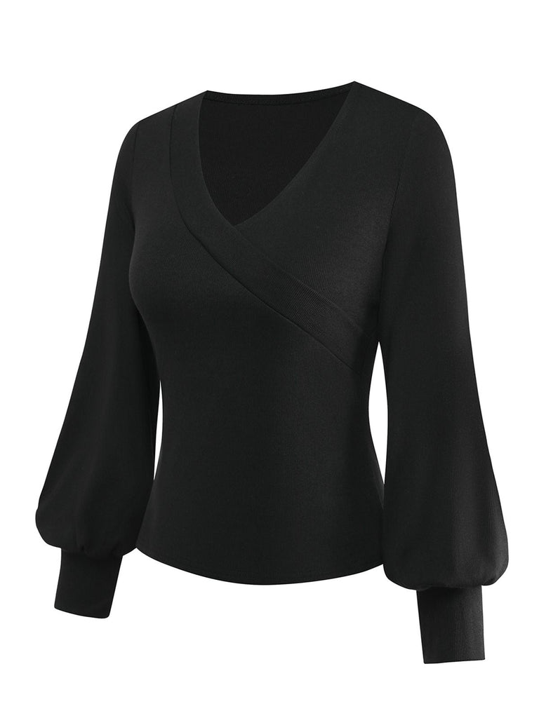 [Prévente] Haut tricoté noir col en V et manches lanternes style années 1950