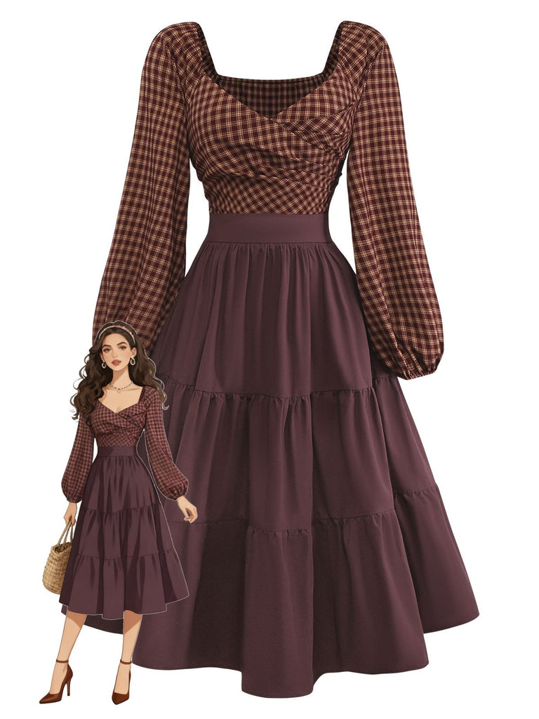 [Prévente] Robe carreaux vichy marron dos nu lacé et volants années 1950