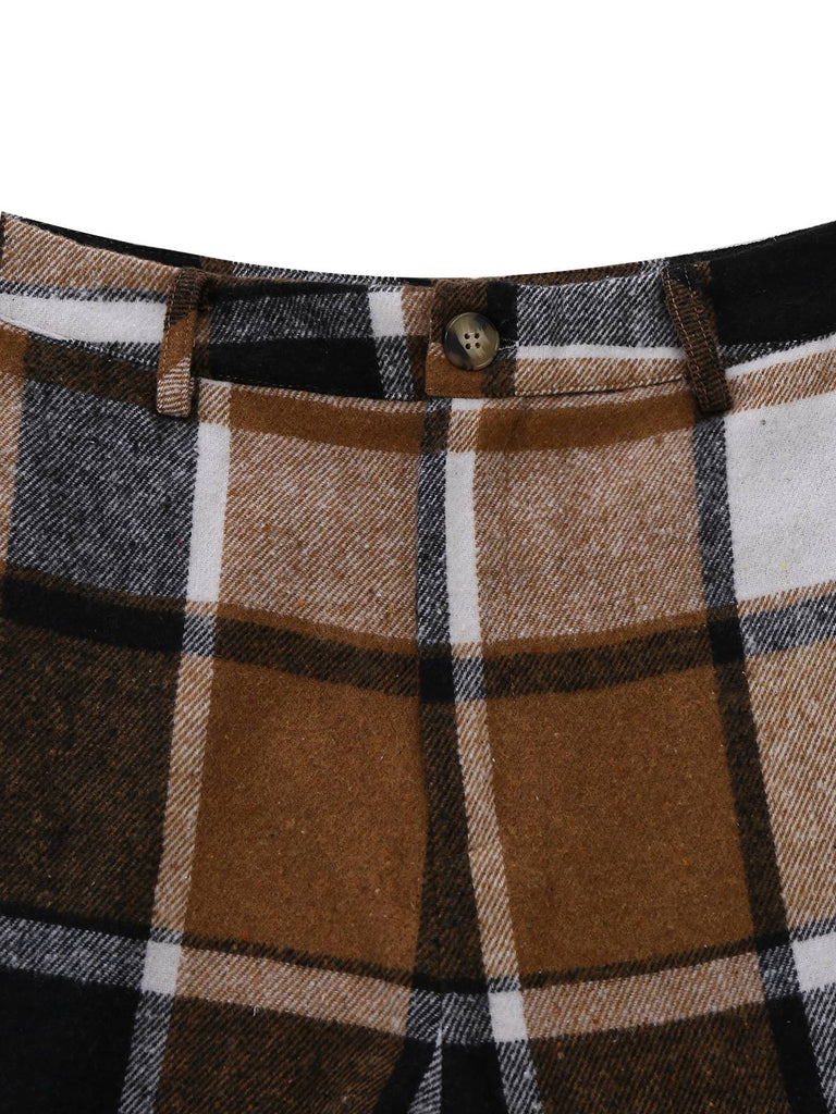 2PCS Gilet sans manches et pantalon à carreaux en fausse laine kaki des années 1950