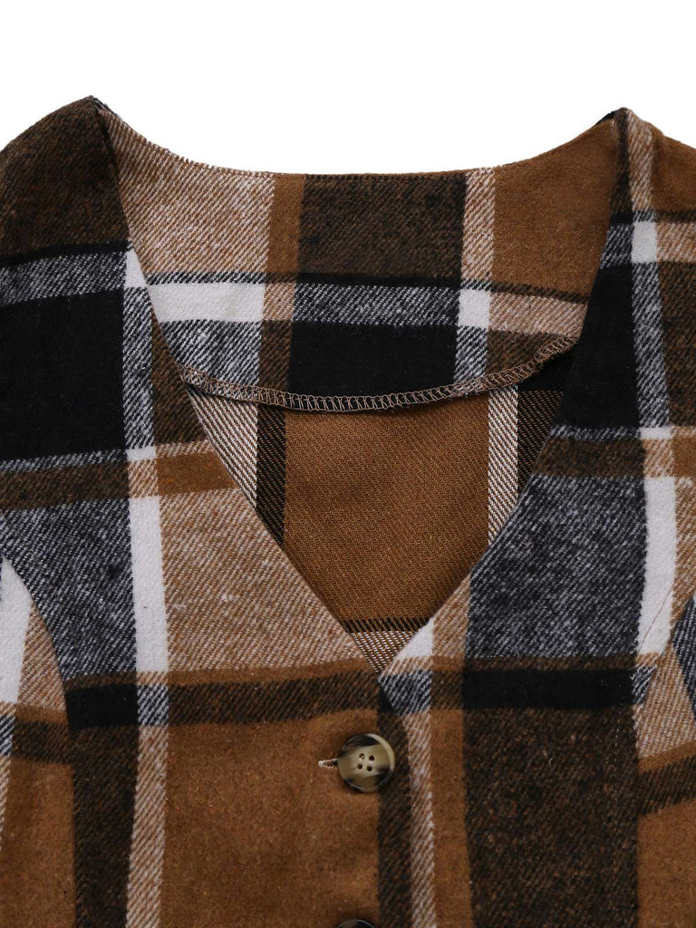 2PCS Gilet sans manches et pantalon à carreaux en fausse laine kaki des années 1950