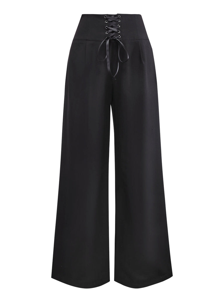 [Prévente] Pantalon noir uni taille haute à lacets des années 40