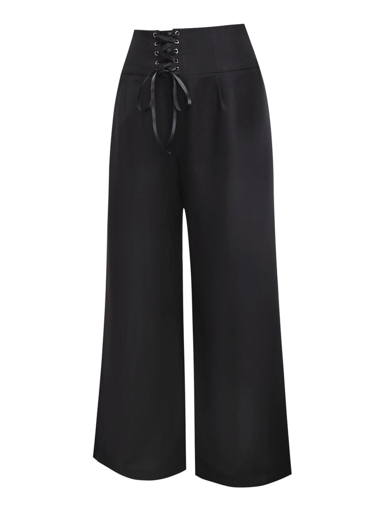 [Prévente] Pantalon noir uni taille haute à lacets des années 40