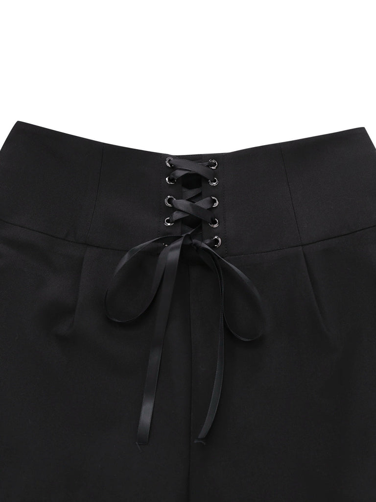 [Prévente] 2PCS chemisier rayé à volants et pantalon à lacets noirs des années 40