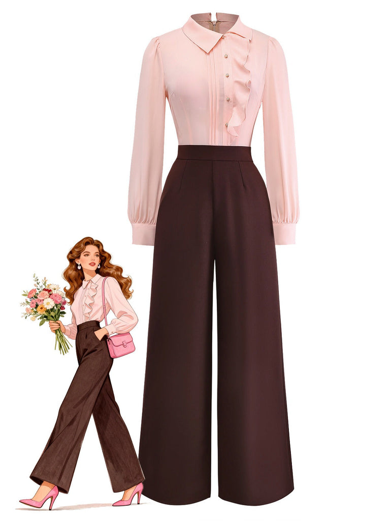 [Prévente] Combinaison rose col revers irréguliers blocs de couleurs à volants années 30