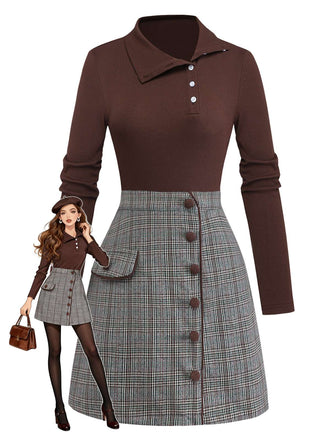 Robe Marron Tricotée À Carreaux Col Asymétrique Années 1970