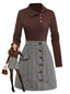 Robe Marron Tricotée À Carreaux Col Asymétrique Années 1970