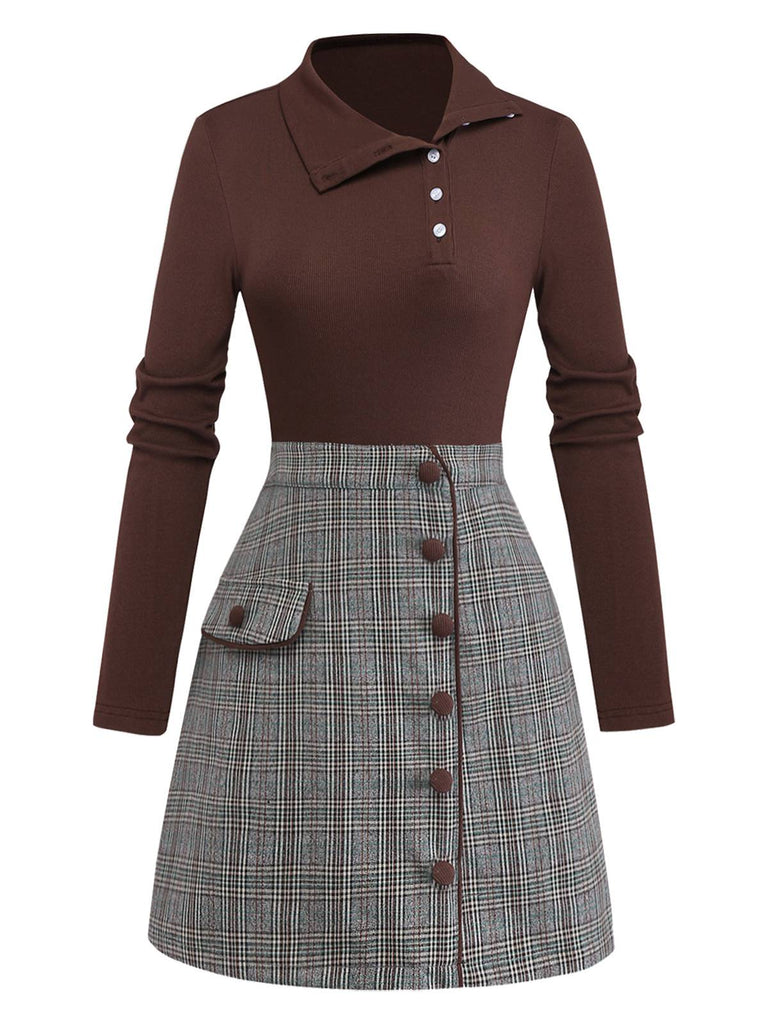 Robe Marron Tricotée À Carreaux Col Asymétrique 1970s