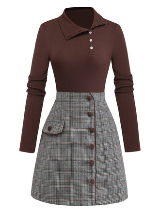 Robe Marron Tricotée À Carreaux Col Asymétrique Années 1970