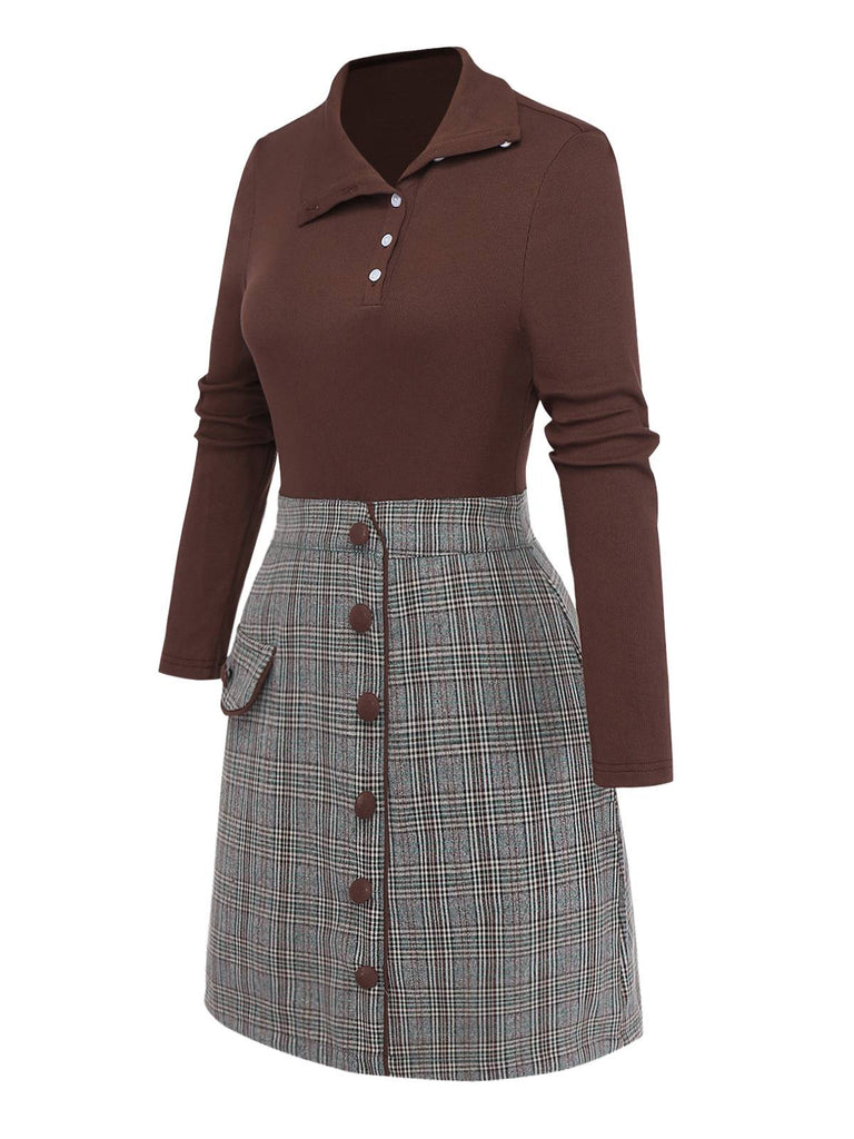 Robe Marron Tricotée À Carreaux Col Asymétrique 1970s