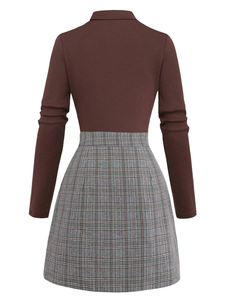 Robe Marron Tricotée À Carreaux Col Asymétrique 1970s