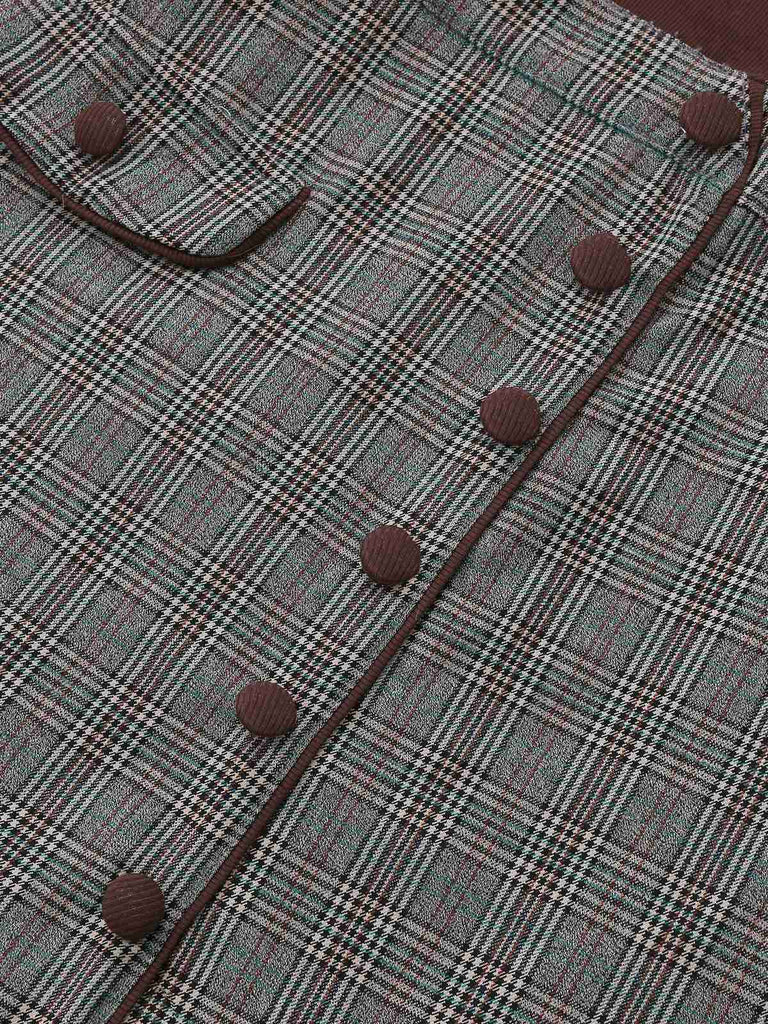 Robe Marron Tricotée À Carreaux Col Asymétrique 1970s