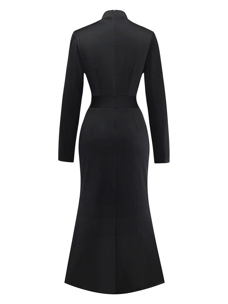 Robe col nœud et fente sur le devant noire des années 1930