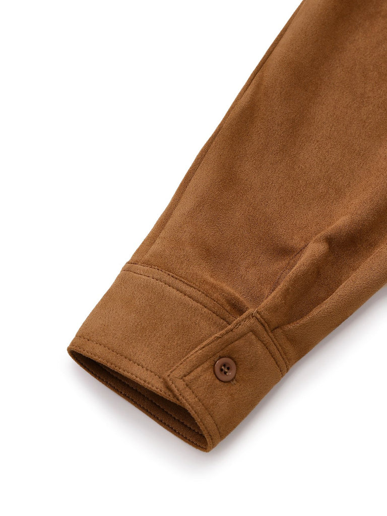 Robe marron en faux daim brodé de fleurs col chemise des années 1970