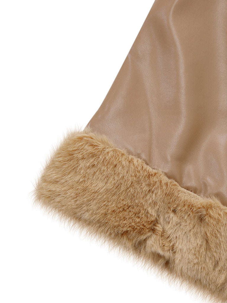 Manteau kaki en similicuir et fausse fourrure avec ceinture des années 1940