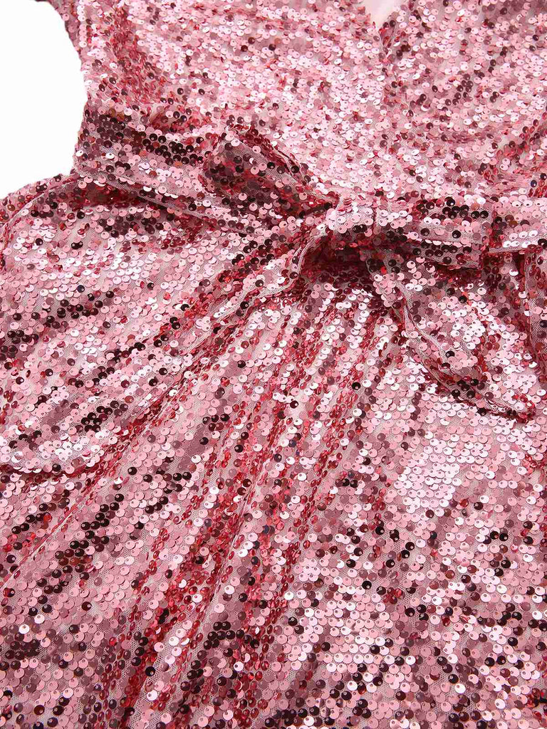 Robe disco à sequins col en V et manches évasées années 70