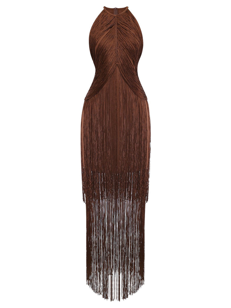 Robe dos nu franges unie couleur café années 1920