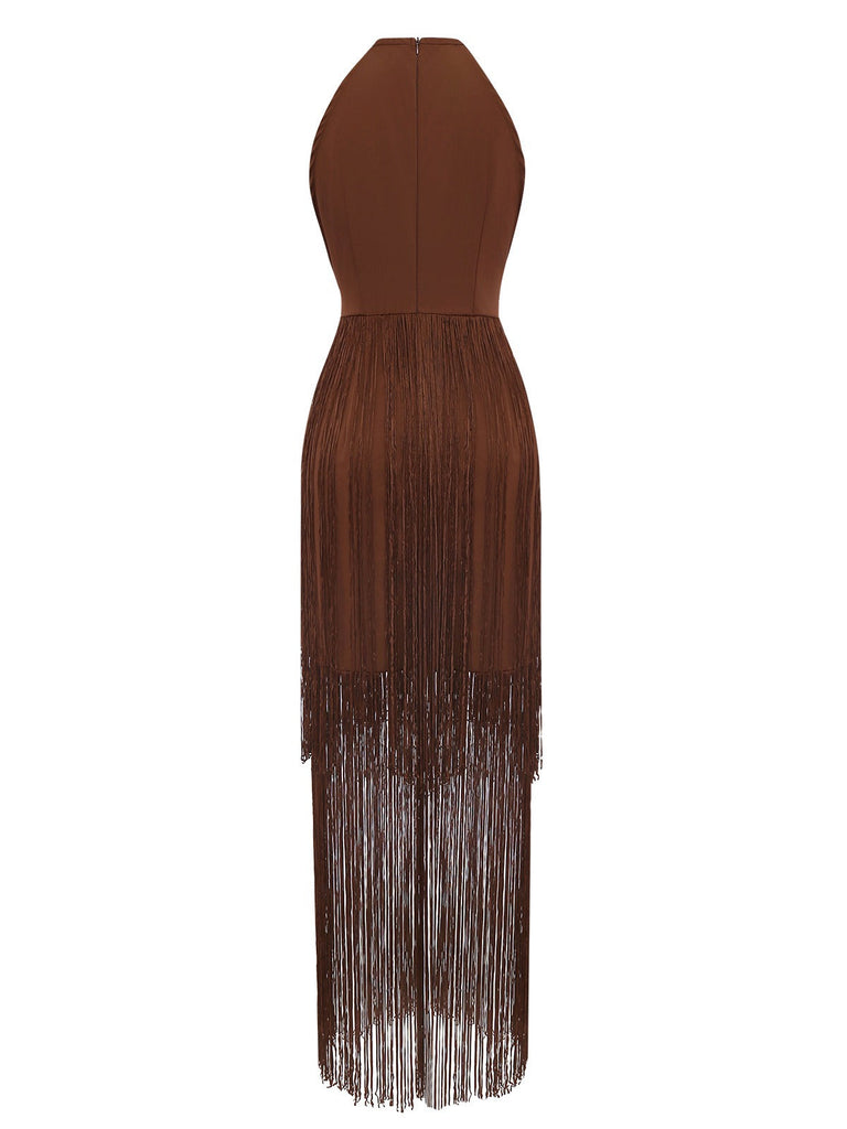 Robe dos nu franges unie couleur café années 1920