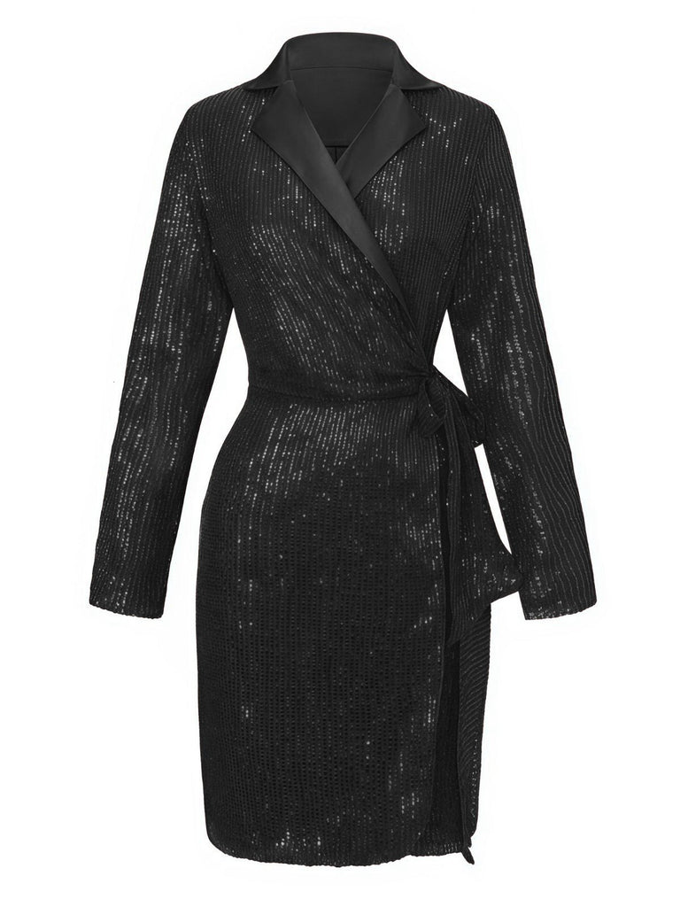 Veste longue pailleté col revers à nouer ceinturée années 1960