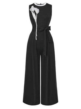 Combinaison noire sans manches nouer style ornée de fleurs en 3D années 1950