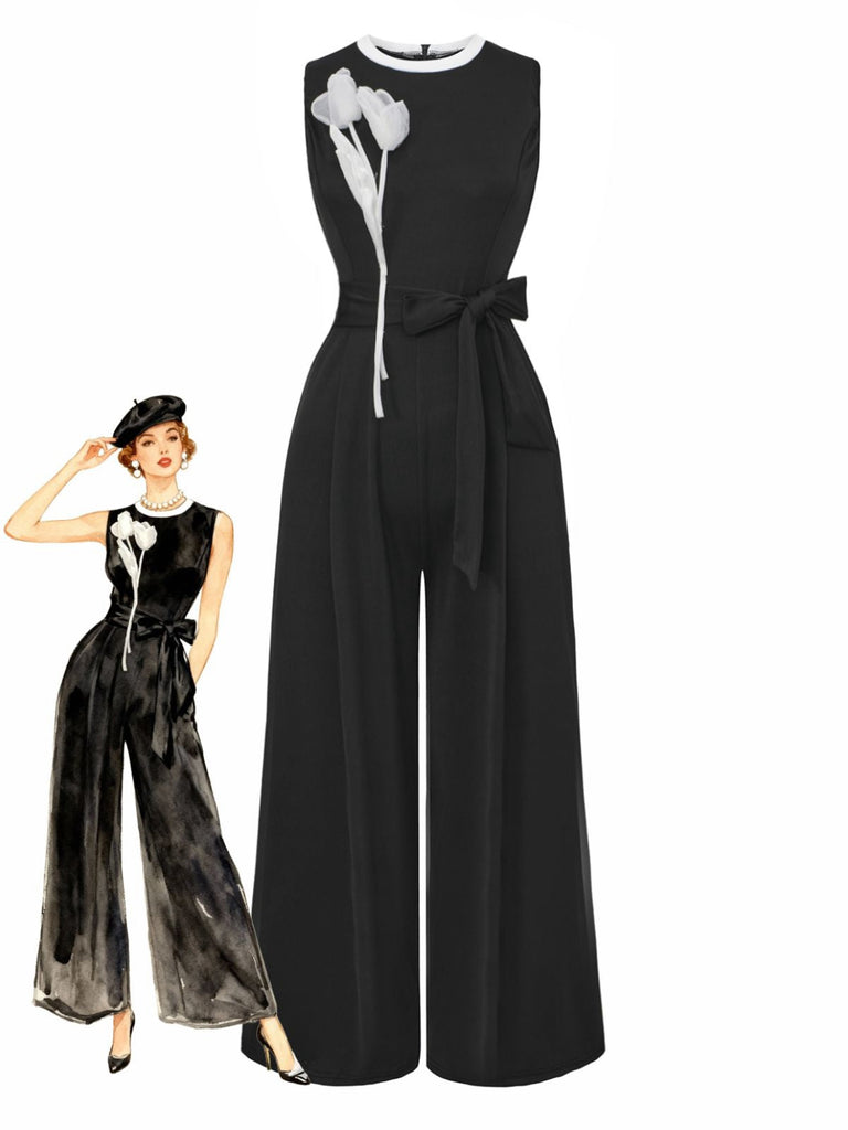 Combinaison noire sans manches nouer style ornée de fleurs en 3D années 1950