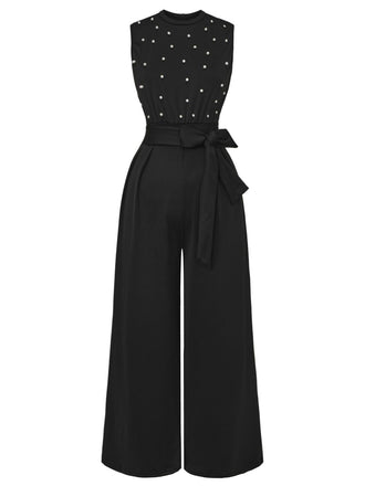 Combinaison noire à nœud et perles avec ceinture années 1950