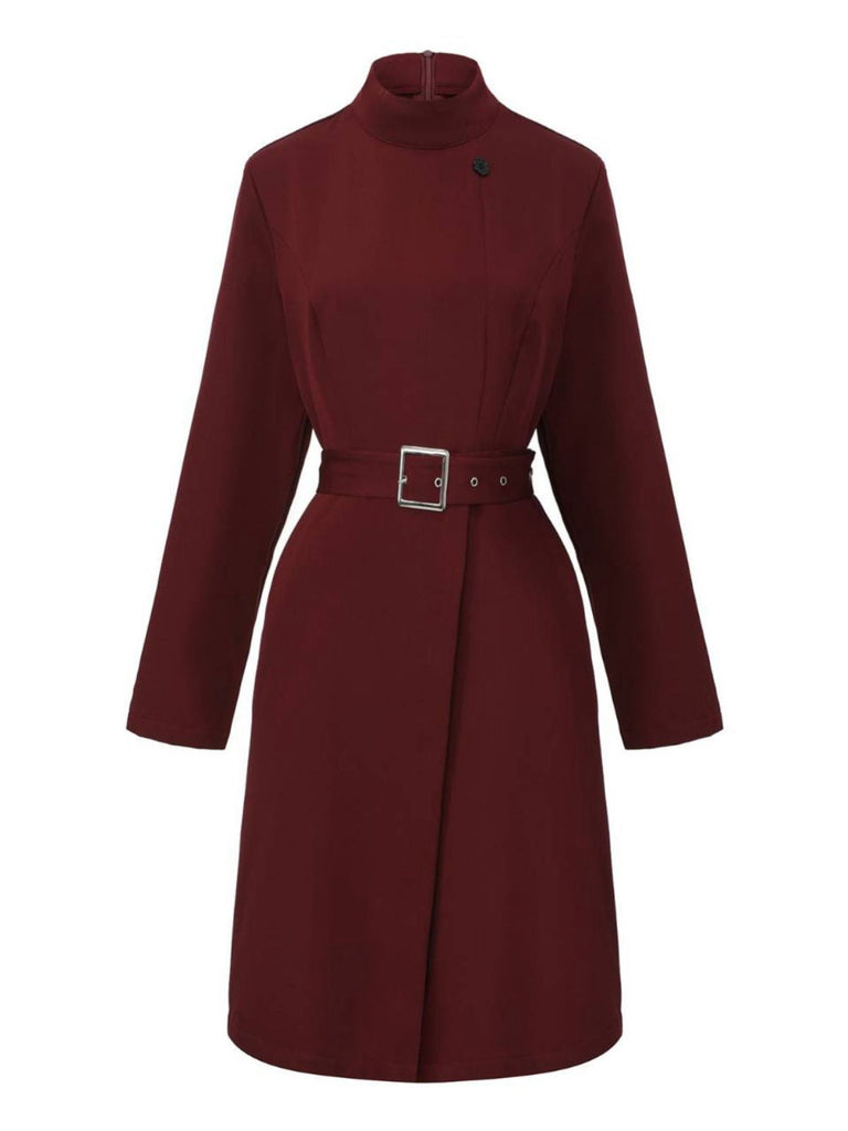 Robe unie col roulé et ceinture style avec poche années 1940