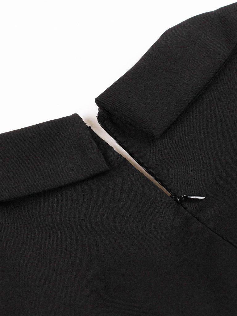 Robe trapèze noire unie col revers en forme de rose 3D des années 1950