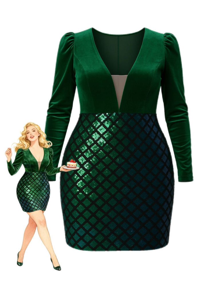 [Grande Taille] Robe moulante en velours et paillettes vert col V des années 60