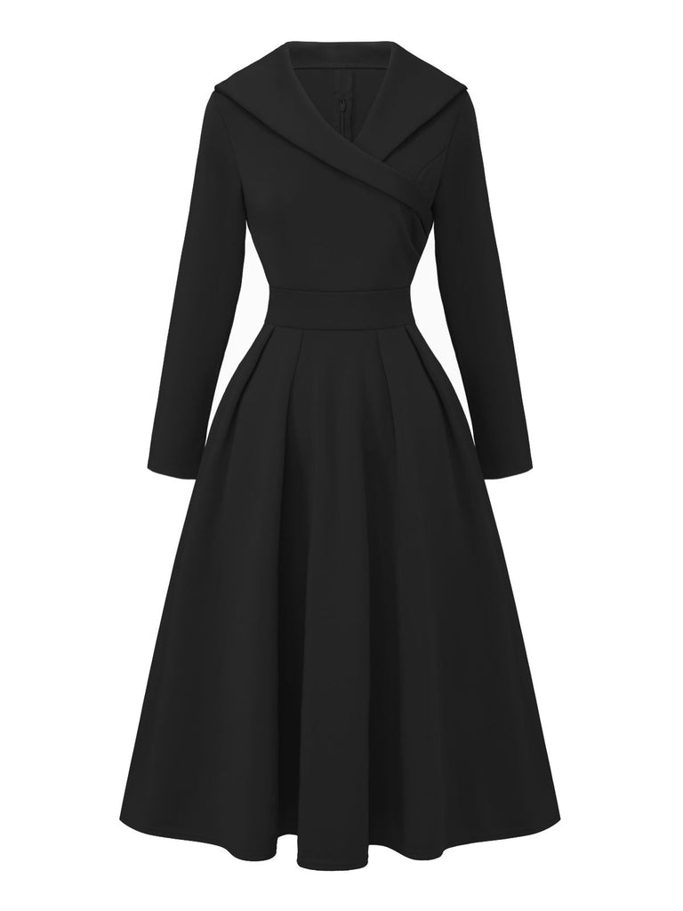 Robe trapèze taille haute et revers unis années 1950