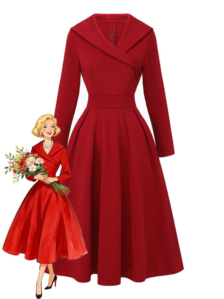 Robe trapèze taille haute et revers unis années 1950