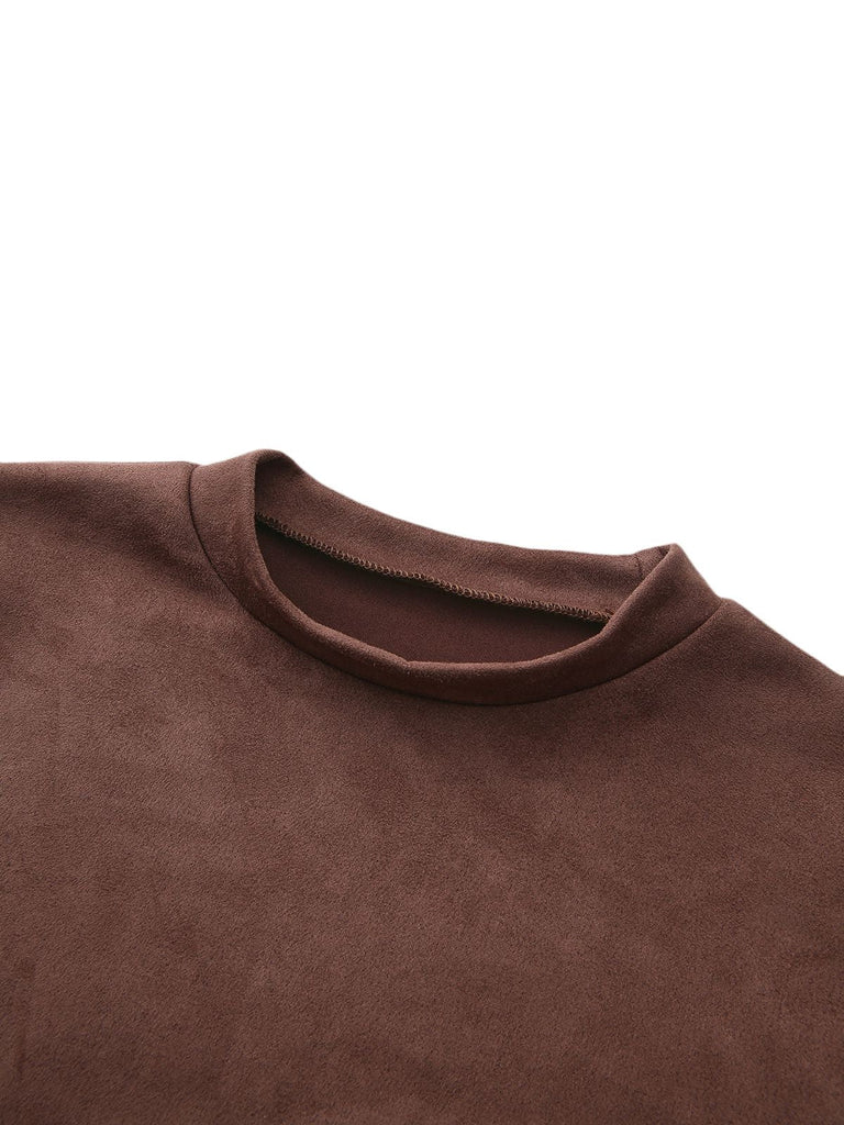 Robe marron manches longues col roulé court avec ceinture années 1970