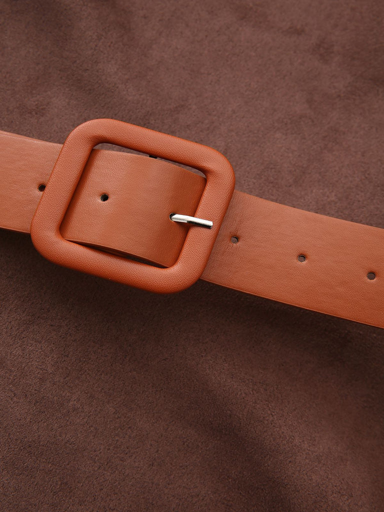 Robe marron manches longues col roulé court avec ceinture années 1970