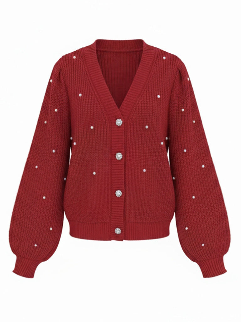 Cardigan rouge uni en maille lâche orné de perles des années 1950