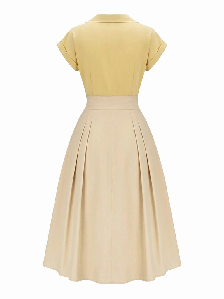 [Prévente] Robe en coton jaune col Johnny plissée patchwork années 1950