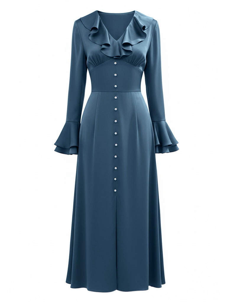[Prévente] Robe fendue en satin bleu-gris à boutons des années 1940