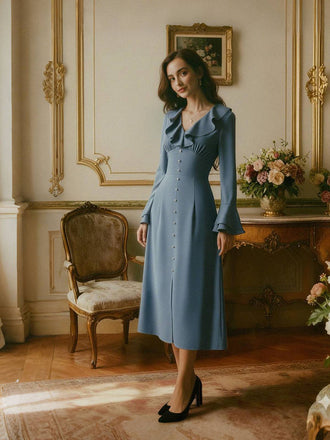 [Prévente] Robe fendue en satin bleu-gris à boutons des années 1940