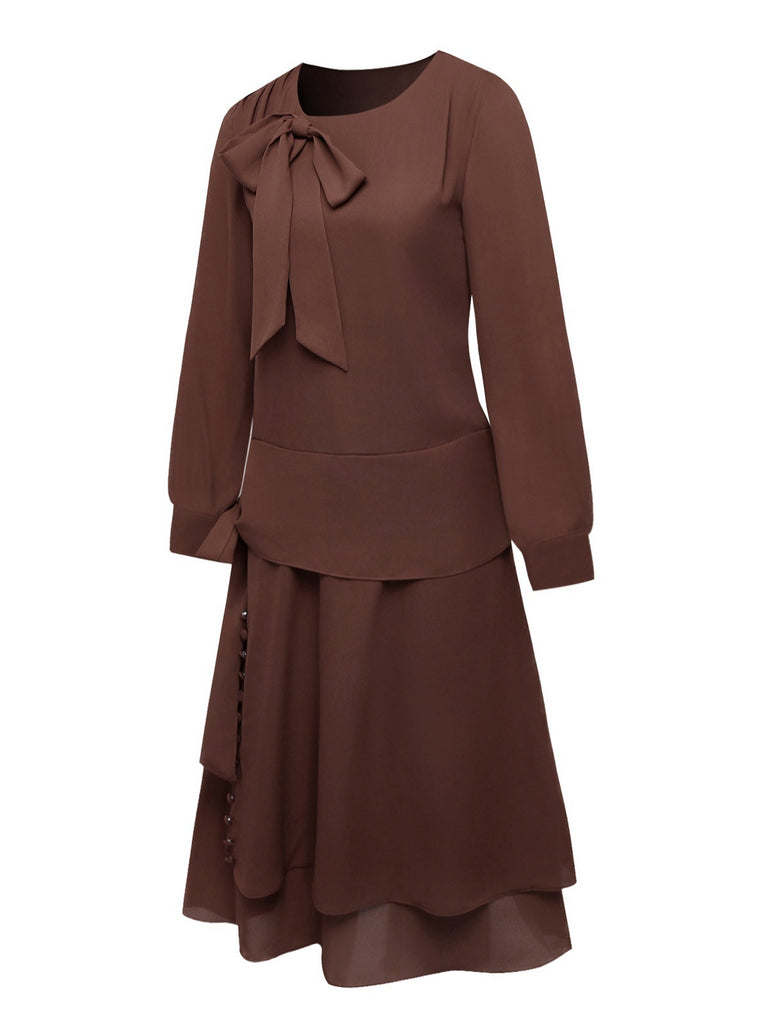 [Prévente] Robe Marron à Ceinture et Nœud Papillon Années 1920