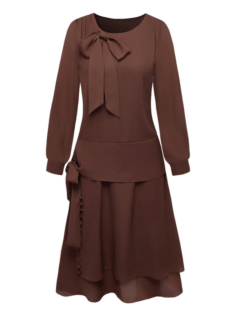 [Prévente] Robe Marron à Ceinture et Nœud Papillon Années 1920
